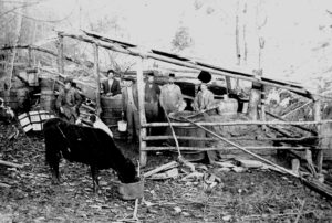 An old black and white photo of people gathered around a bunch of barrels