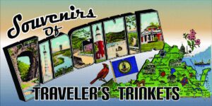 A banner for the Souvenirs of Virginia Traveler's Trinkets display.