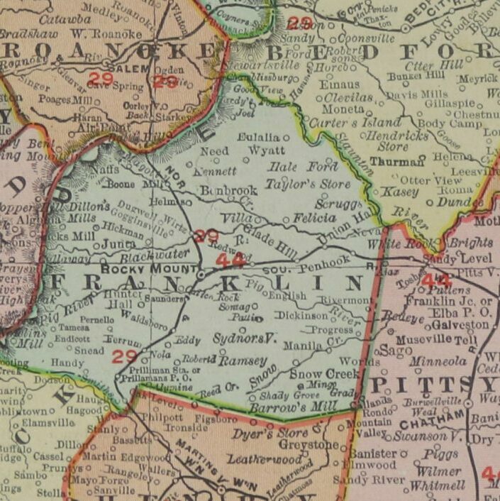 A map showing Franklin County, Virginia.