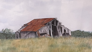 A painting of an old wooden building half gone.