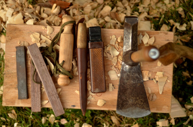 Overhead view of several woodworking tools.