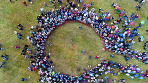 Overhead view of people gathered outside in a circle .