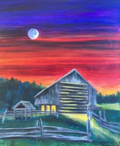 A painting of a wooden building in a field at night.