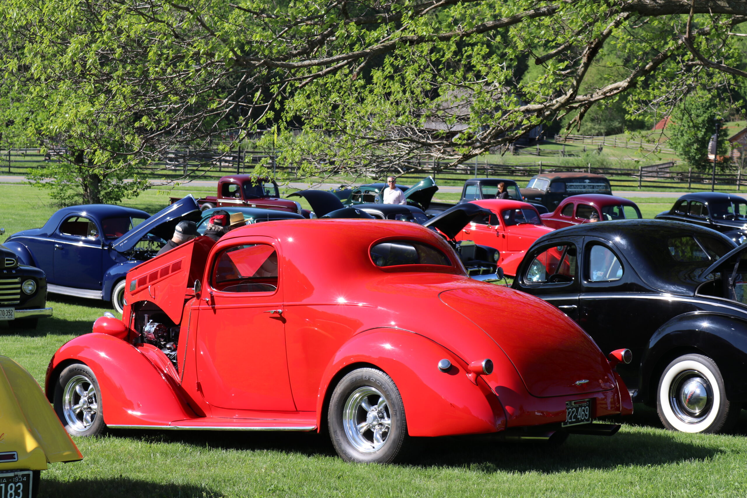 A number of classic cars parked in a field.
