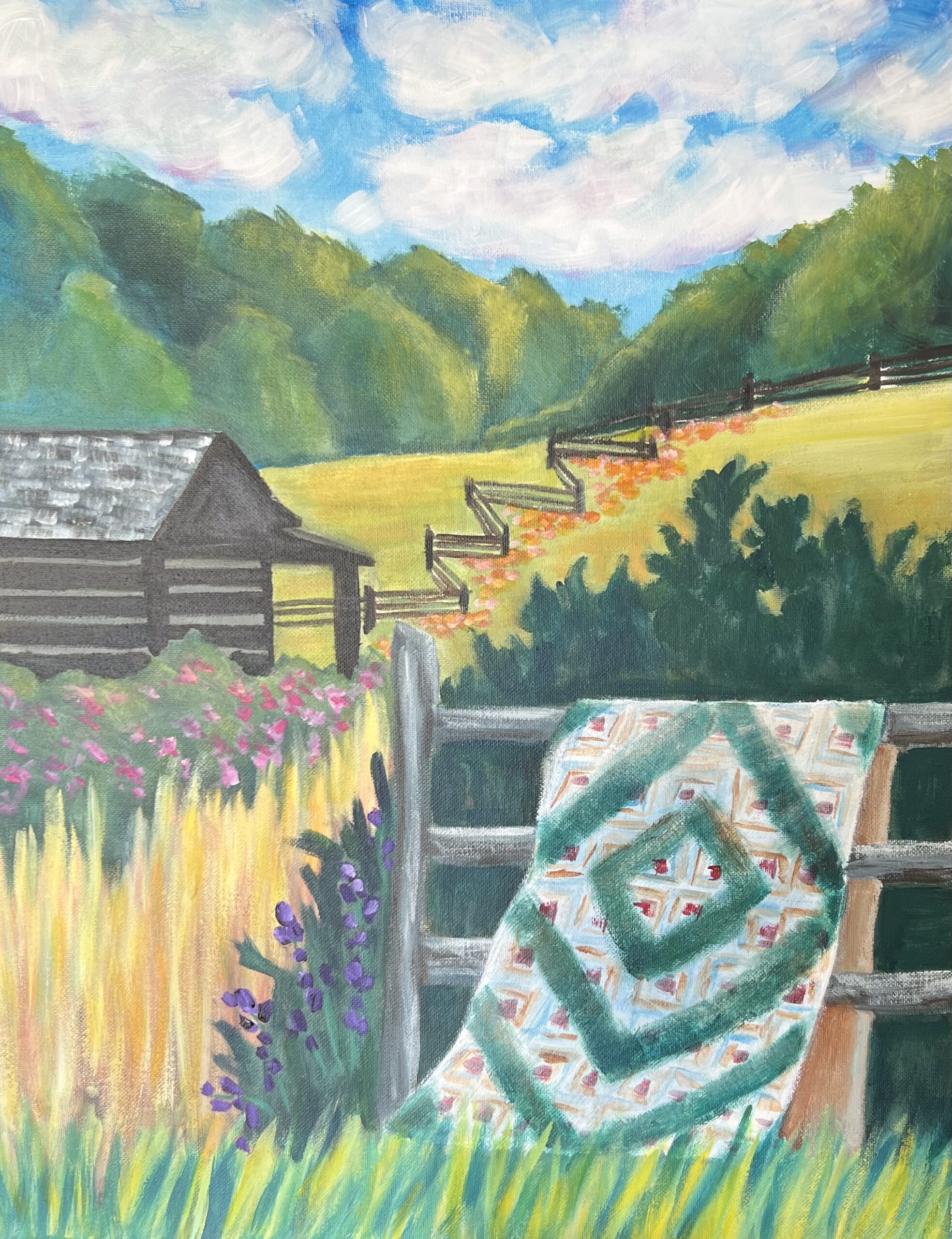Painting of a quilt draped over a wooden fence in a field.